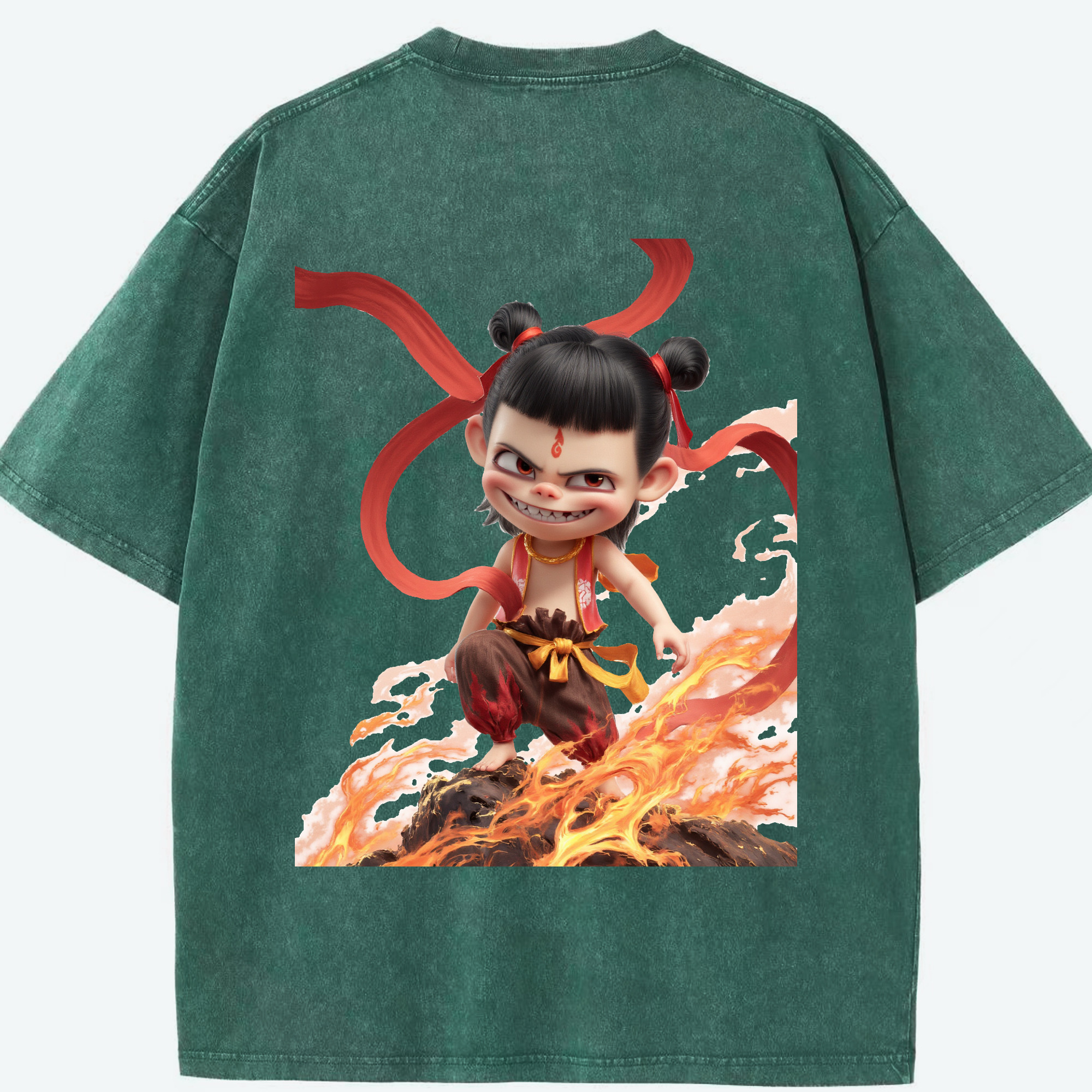（画像用） Ne Zha 2 ナタ 魔童の大暴れ 綿100% ヴィンテージ風 半袖Tシャツ（背面プリント）